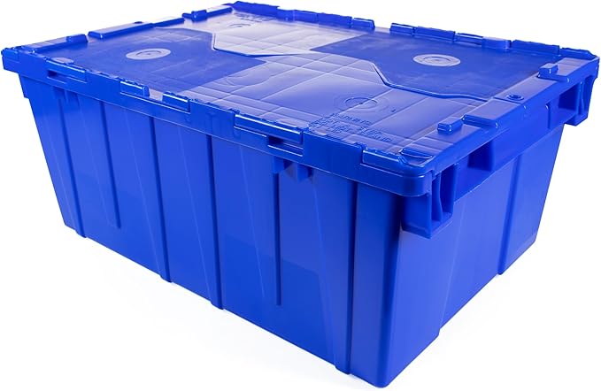 IDL Packaging 10-Gallon Industrial Plastic Tote with Hinged Lids Blue Pack of 1 - Heavy-Duty Large 22L x 15W x 9 H Container for Warehouses Garages and Home Storage