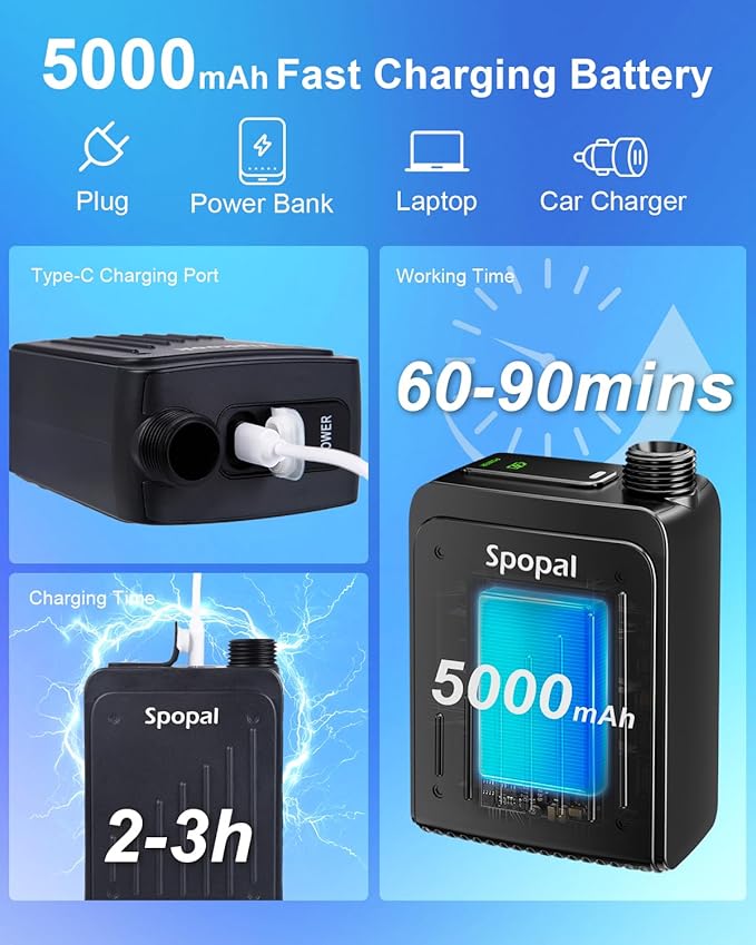Spopal Portable Shower for Camping [Long-Lasting] 5000mAh Rechargeable Camping Shower 4 Spray Modes IPX8 Waterproof Outdoor Camp Pump for Hiking Travel Car Pet