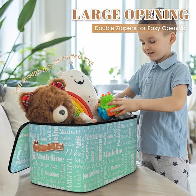 Custom Storage Basket with Name Personalized Keepsake Box with Zipper Lid Foldable Fabric Memory Bin Large capacity with Handle Bright Green Blue
