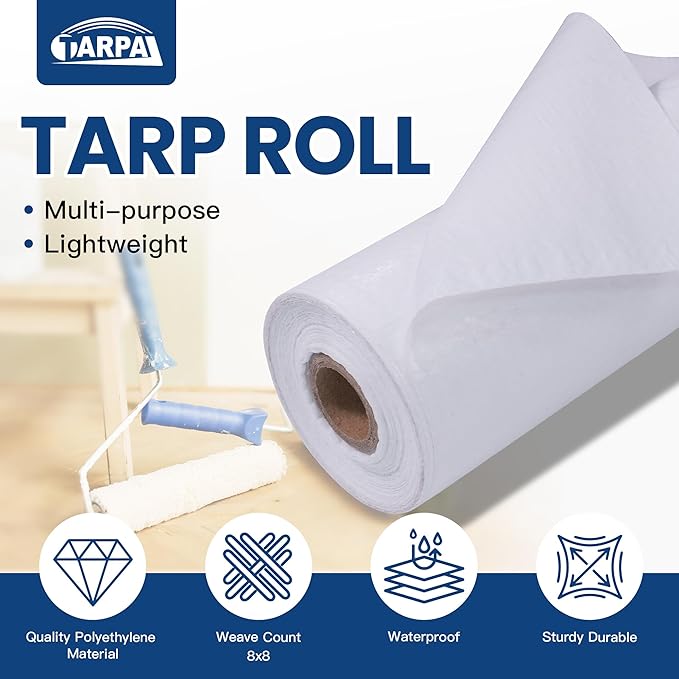 TARPAL 6x100 Feet(2pack) White Tarp Roll 5mil Waterproof Tarps polyethylene Multipurpose Tarp Cover Dustproof Tear Resistant for Decoration Greenhouse Painting Home use