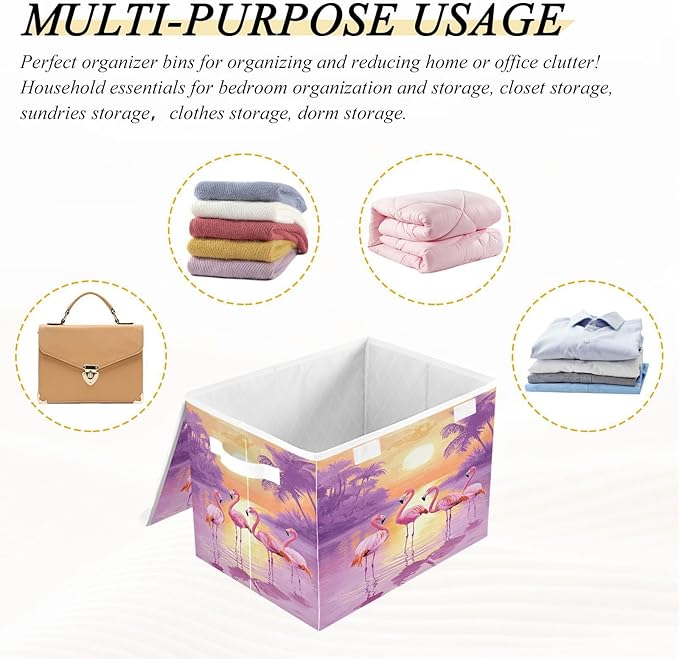 MNSRUU Containers Baskets with Lids Four Flamingos Fabric Foldable Storage Bins Organizer with Lid Collapsible Storage Boxes for Home Bedroom Closet Office