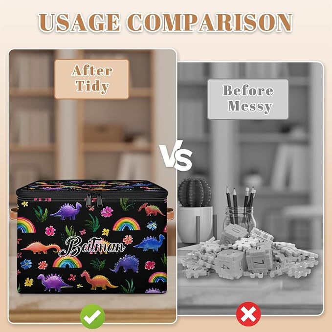 Storage-Bins with Lids Handle Customized Stackable-Storage-Bin for Kids-Boys-Girls-Toys Cube Collapsibl Basket Colorful Dinosaur