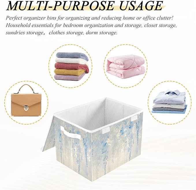 File Organizer Box White Wisteria Storage Bin with Lid Foldable Baskets for Office Document Storage 11.8x12.6 x16.5