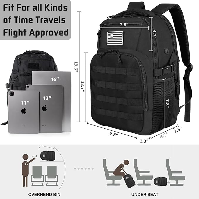 30L Military Tactical Backpack Small Army Molle Assault Bag 3 Day Daypack for Men Hiking Camping Work Balck Tactical Backpack with Water Pouches