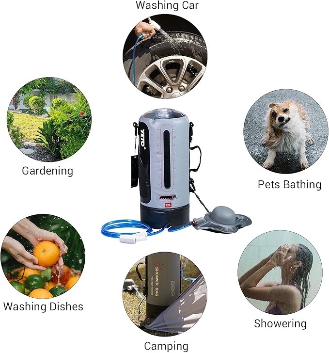 yETO 12L/3.17 Gallons Portable Camping Shower Portable Shower for Camping Camp Shower Solar Shower Outside Shower with Pressure Foot Pump and Handy Nozzle Camping Showers Camping Shower Bag GREY-12L
