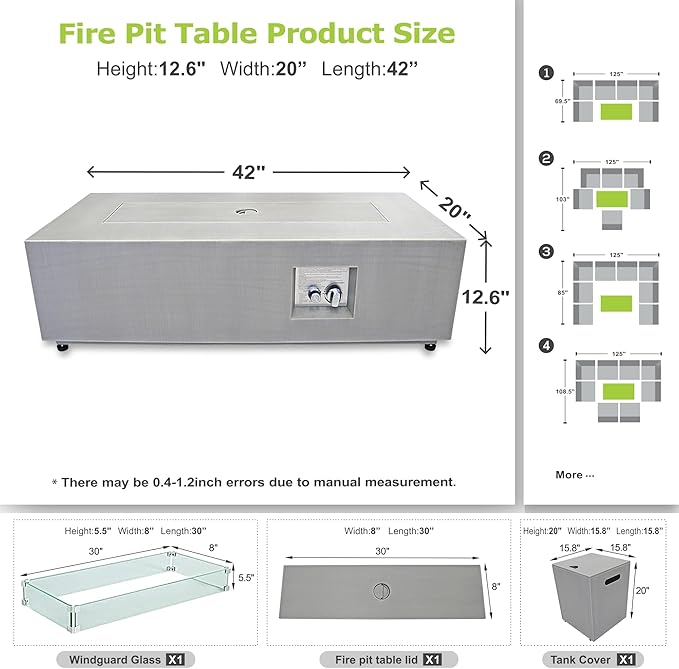 SUNPEAK 42 Rectangular Propane Fire Pit table 50000 BTU Fireplace Table with Wind Guard Glass Lid Rocks and Cover Outdoor Fire Pit for Deck or Patio Fogata para Patio (Light Grey 42 Standard)