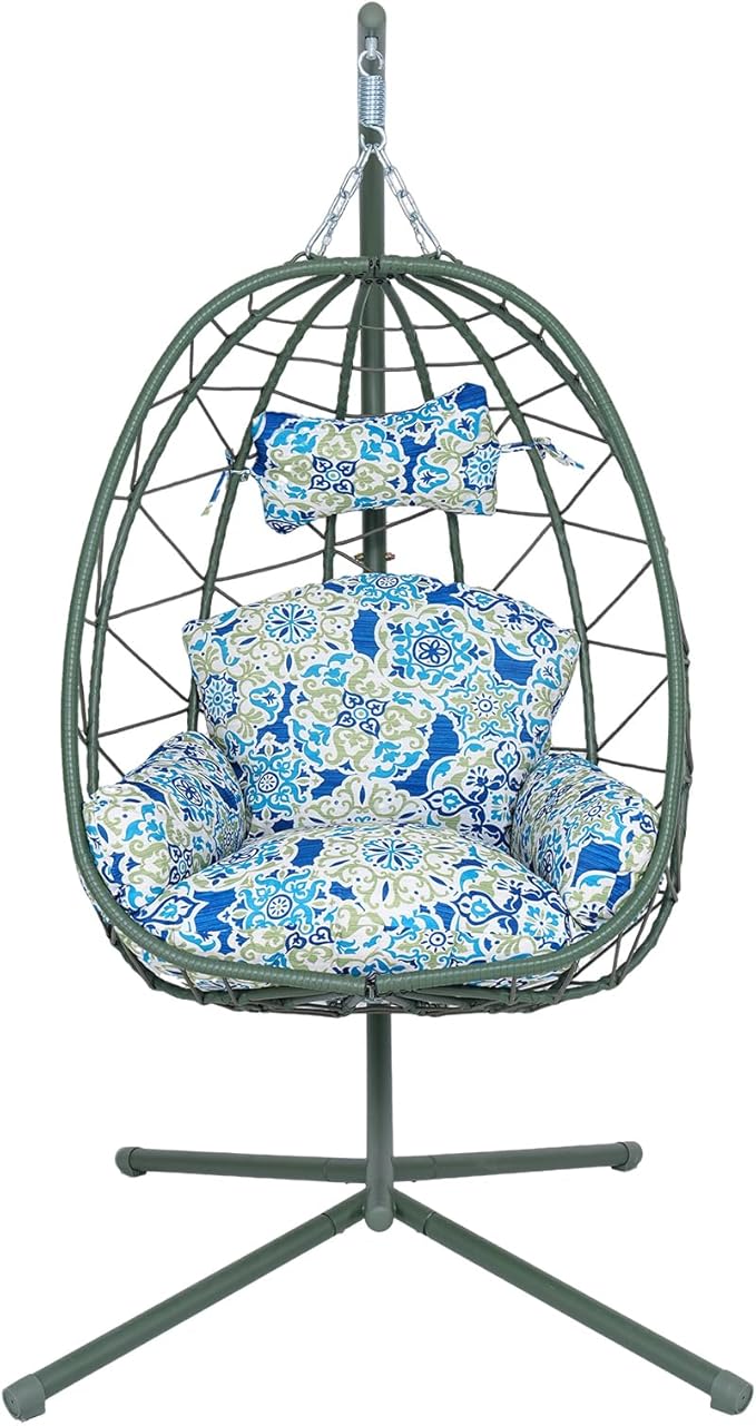 Hanging Egg Chair with Stand Outdoor Indoor Patio Rattan Swing Hammock Chairs with Washable Cushion PE Wicker Swing Chair for Backyard Bedroom Garden (Dark Green + Floral Cushion No Footrest)