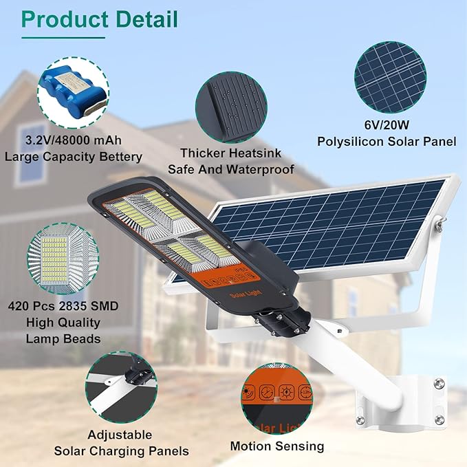 Gebosun 300W LED Solar Street Lights Outdoor 60000LM 6000K Waterproof Outdoor Solar Flood Light Dusk to Dawn Security Yard Light with Remote Control Solar Garden Lamp for Pathway Driveway