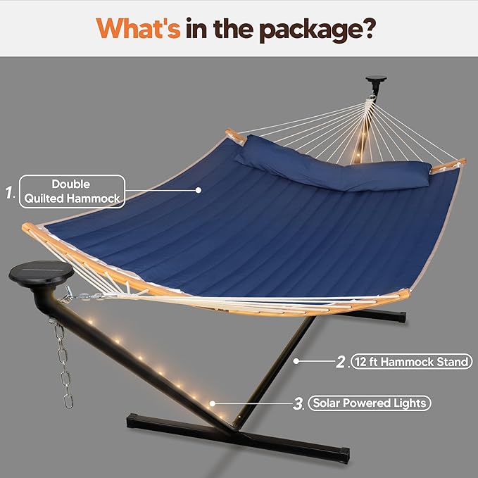 SUNCREAT Double Outdoor Hammock with 12 ft Stand Solar Powered Lights Portable 2 Person Hammock with Stand Dark Blue