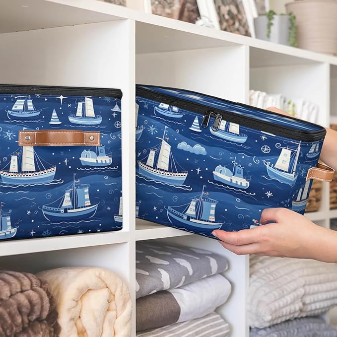 Storage Bins with Lids Cartoon Ship Storage Basket Clothes Organizer with Handles Closet Storage Containers for Clothing Bedding Blanket