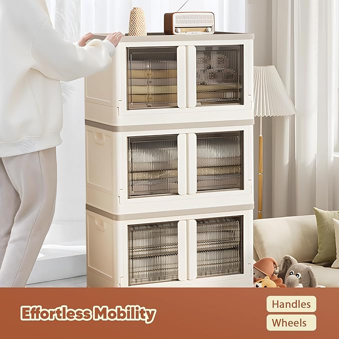 19 Gallon Collapsible Storage Box Folding Storage Cabinet with Door and Wheels Clear Door Dual Open Storage Box for Home 1 Pack
