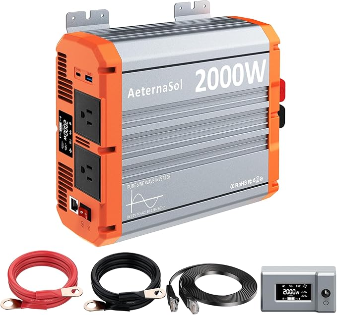 2000W Pure Sine Wave Inverter 12V DC to AC 110V/120V RV Inverter with Remote Solar Battery Inverter 12V Inverter for Power Outage Pickup Shed 2 AC Outlets USB Fast&ampType-C 2 LCD ScreensSurge4