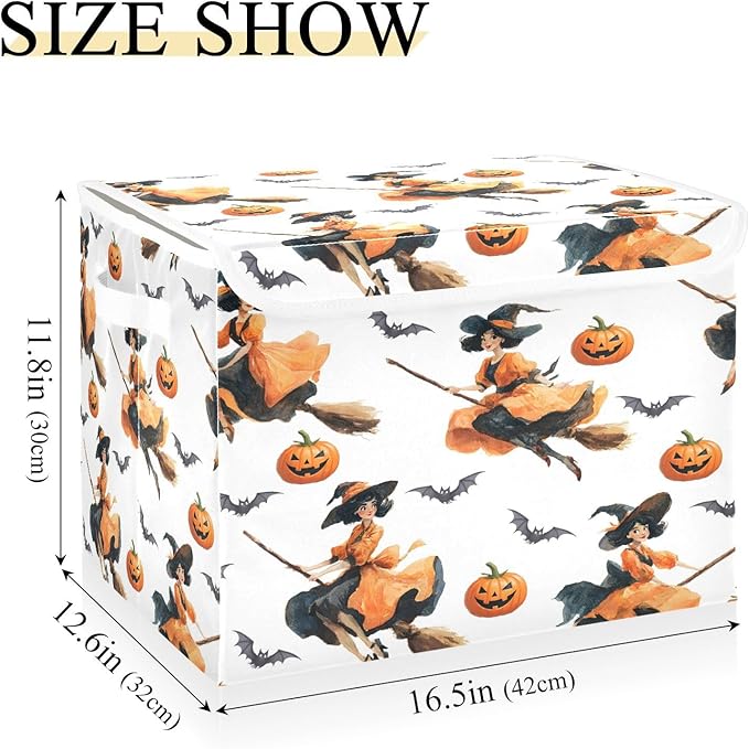 Halloween Baskets Collapsible Storage Bins with Lids Witch Pumpkin Bat Pattern Storage Boxes Clothes Baskets for Organizing