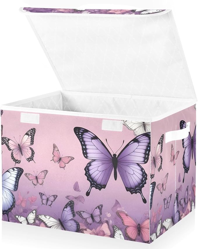Storage Cube with Lid Purple Butterflies Print Collapsible Large Capacity Foldable Storage Basket Bin Organizer 16.5×12.6×11.8 IN