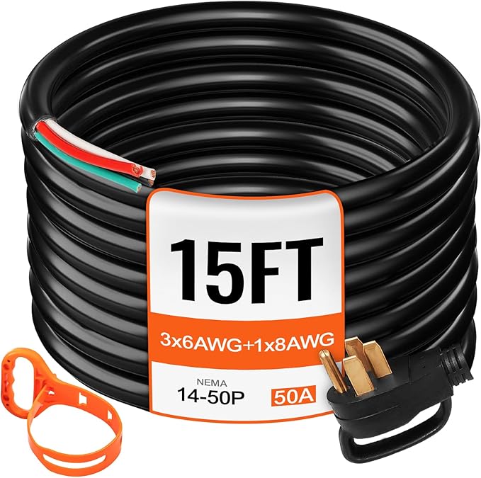 VEVOR 15-Foot 50 Amp Heavy Duty Generator Extension Cord 6/3+8/1 Gauge STW 125V/250V 4-Wire NEMA 14-50P to SS2-50R 12500W Power Cord with Handle for RV EV Transfer Switch