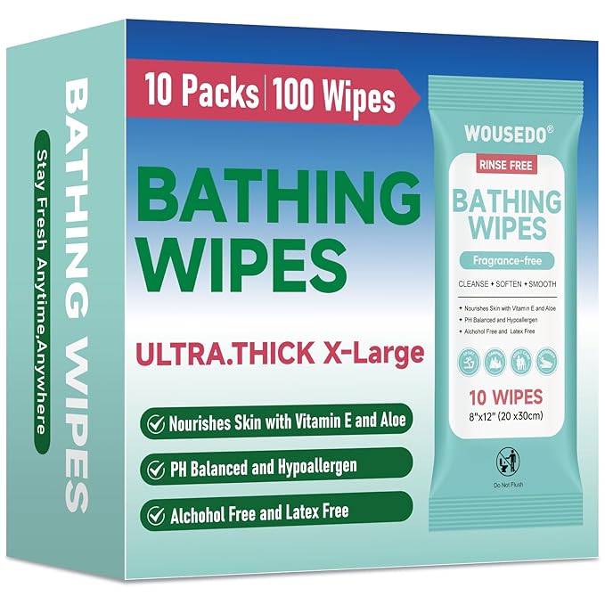 No Rinse Bathing Wipes for Adults - Extra Thick 8x12 Inch Disposable Shower Wipes Hypoallergenic Unscented Body Cleansing Cloths for Bed Bath Hospital Travel Camping - 100 Count(10 Packs)
