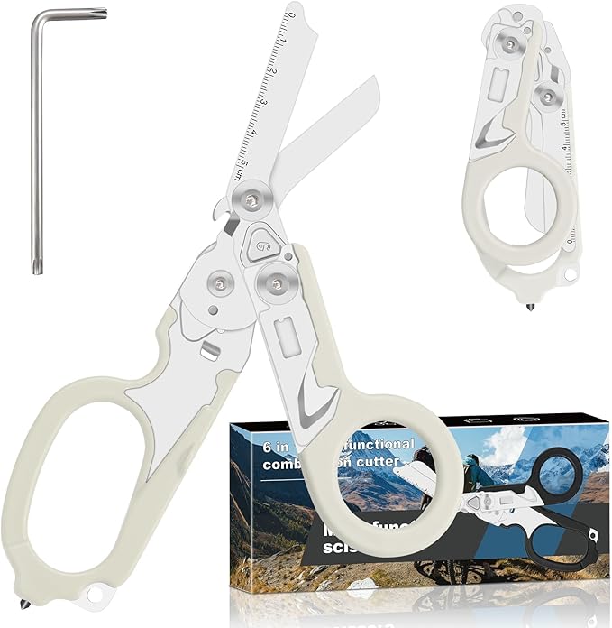 6 in 1 trauma shears folding emergency shear Outdoor Camping Tools Seat Belt Cutter Oxygen Cylinder Wrench Complimentary Adjustable Wrench (Luminous Silver)