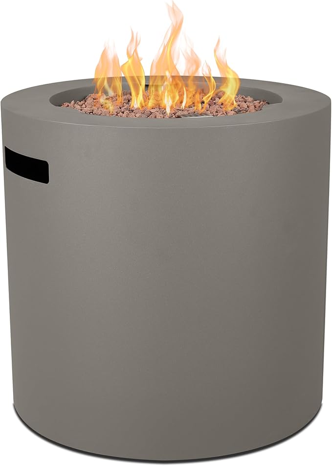 Real Flame Aegean 24 Round Propane Gas Fire Pit Table with Hidden Tank 50000 BTU Powder-Coated Steel Push-Button Ignition Lava Rock Storage Cover Stainless Steel Burner with Lid - Mist Gray