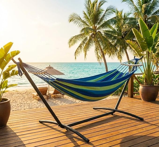 Double Hammock with Heavy Duty Steel Stand – Portable 2 Person Patio Hammock – Space Saving 9FT Frame – 450lb Capacity – Carry Bag Included – Outdoor Camping Backyard Beach – Light and