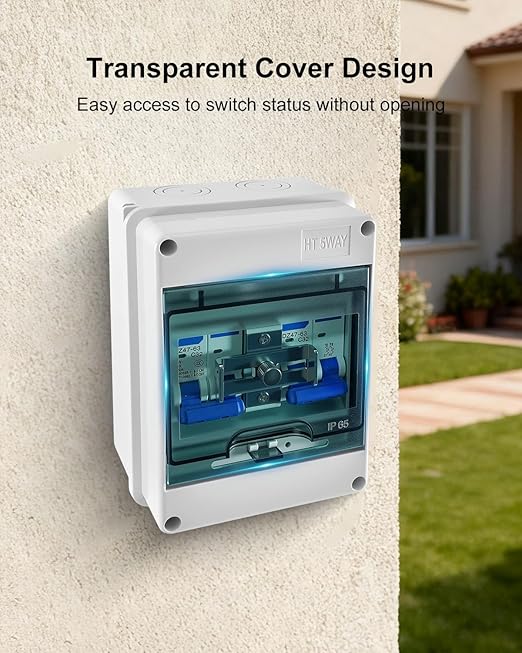 32A Dual Power Manual Transfer Switch IP65 Waterproof Circuit Breaker Box with 2Pcs 2-Pole 32A Circuit Breakers &amp Single-Side Slide Lock for 120 240V Residential and Industrial Application