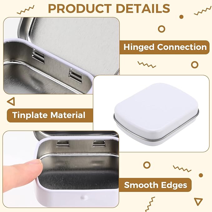100 Pcs Metal Hinged Tin Box Rectangular Small Tin Container with Lid Mini Portable Tinplate Storage Box for Drawing Pin Candies Jewelry Crafts Button Pill 2.4 x 1.8 x 0.6 Inch(White)
