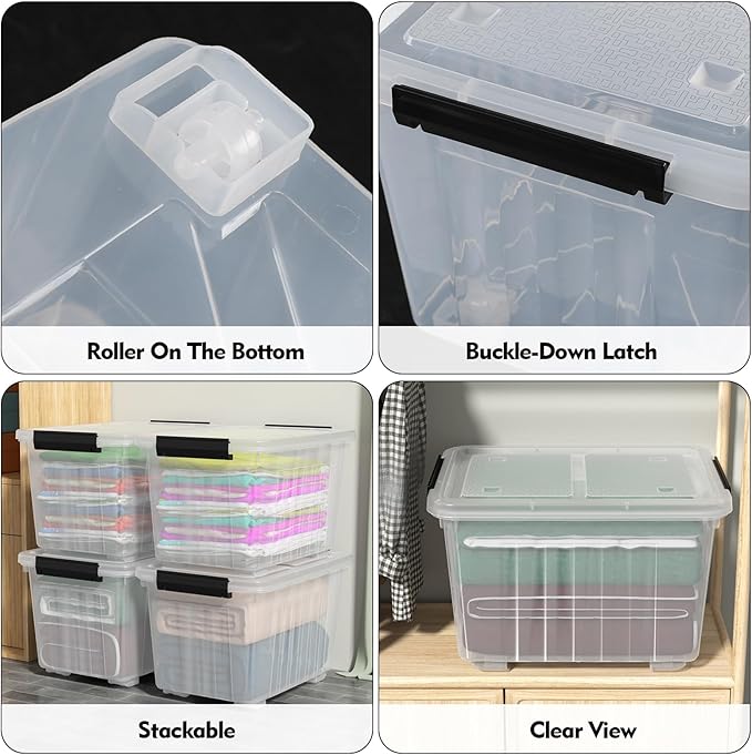 30 L Stackable Storage Bins with Lids Clear Plastic Storage Containers Stackable Organization Boxes with Secure Latching Lids/Wheels Set of 4