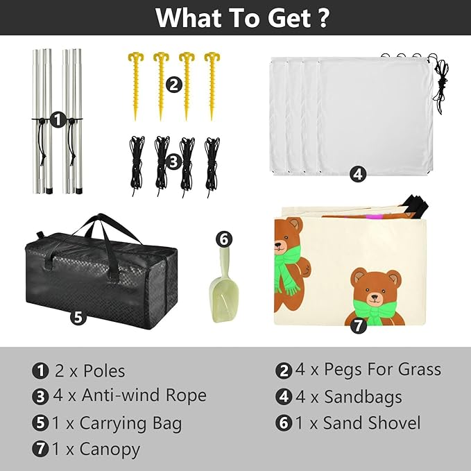 xigua Teddy Bear Beach Tent Sun Shelter with Carrying Bag - Silver Coated Oxford Fabric Beach Canopy for Beach Camping Fishing - Includes Windproof Ropes Sandbags &amp Stakes