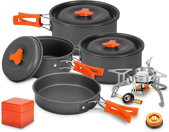 Smokey Camp Camping Cookware Mess Kit Set with Stove - Backpacking Camping Pots and Pans Set All in One Non-Stick Camping Cooking Set Portable Stove Hiking Picnic Outdoor &amp Camping Cookware S