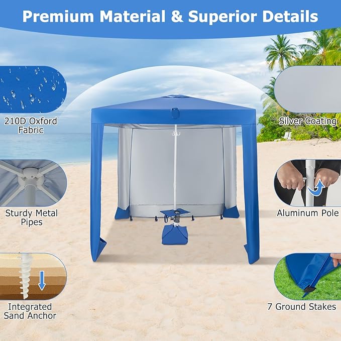 KOTEK 6.6'x6.6' Beach Cabana Portable Beach Shade Canopy with Sand Anchor Cup Holders &amp Sandbags Included Detachable Side Wall &amp Carrying Bag UPF 50+ Protection Easy Setup Beach Tent for
