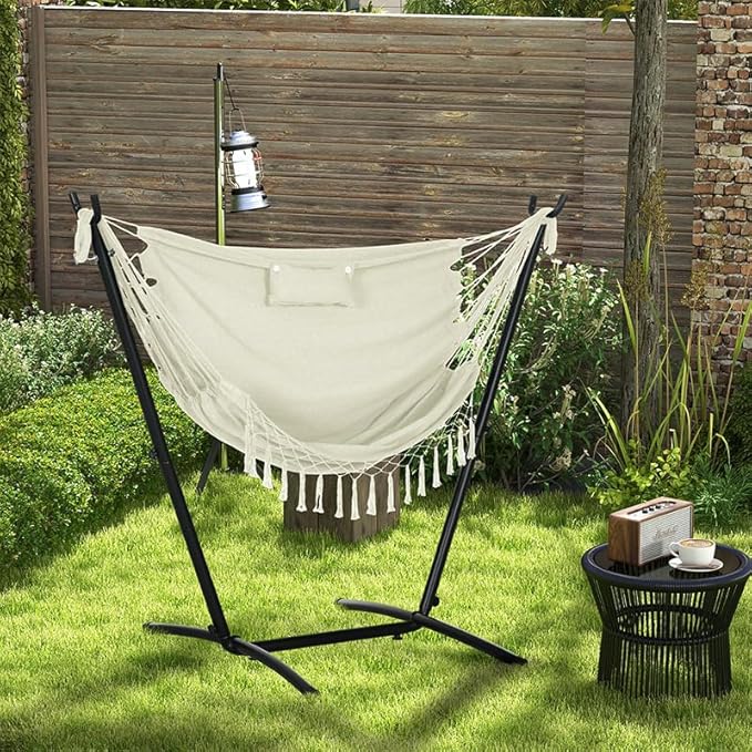 Luxurious Premium Cream White Hammock Chair with Stainless Steel Stand Accessory Storage Side Pocket and Comfort-Focused Headrest