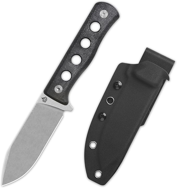 QSP Canary Fixed Blade Knife 4.25 DC53 Stonewash Blade Hunting Knives with Kydex Sheath Black Micarta Handle EDC Knife for Camping Outdoor Hiking Survival