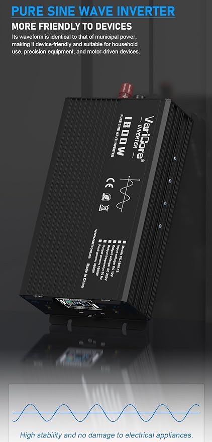 1800W Pure Sine Wave Inverter 12VDC to AC 220V Converter for Home RV Truck Camping Off-Grid Solar Power Inverter with LCD Display Showing Real-time Status Surge