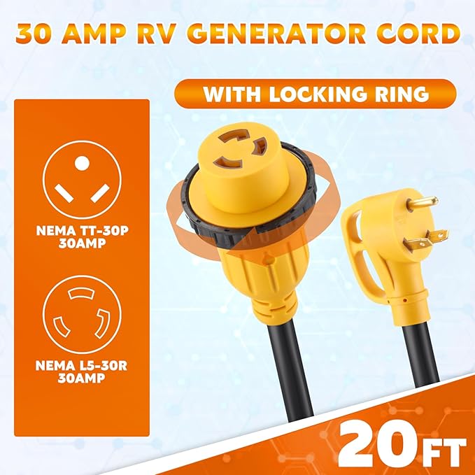 Kanayu 20FT 30 Amp RV Generator Cord and Power Inlet Box Compatible with NEMA TT-30P to L5-30R Lock Generator Extension Cord with LED Indicator Pre-Drilled L5-30P Generator Inlet Box ETL Listed