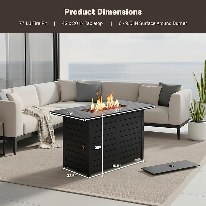 Kinger Home 42-Inch Ore Outdoor Propane Fire Pit Table 50000 BTU Powder-Coated Stainless Steel Patio Firepit with Lava Rocks Black