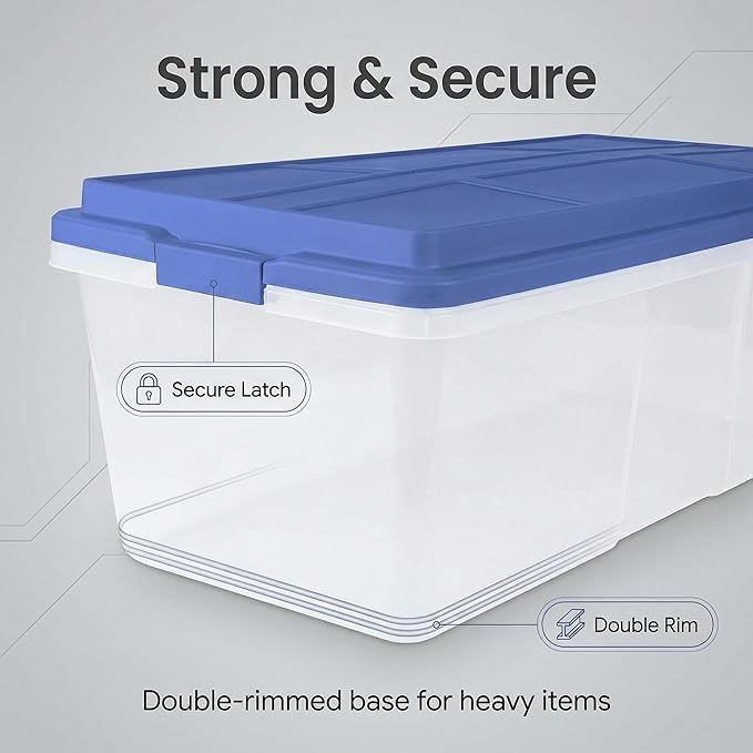 (2 Pack) 113 Quart Clear Storage Bin with Smoke Blue Lid Heavy-Duty Stackable Storage Container with Secure Latches for Home Garage Attic Closet Organization