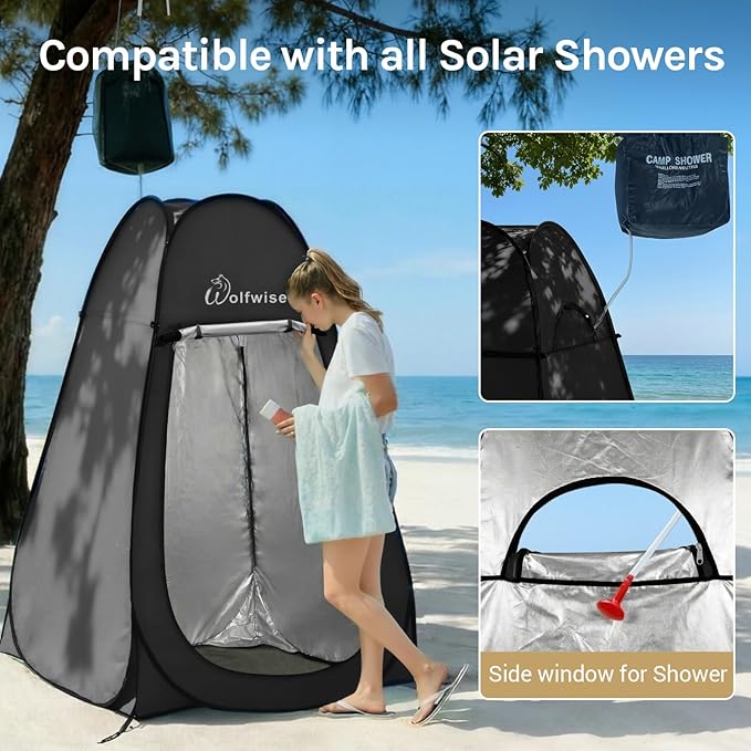 Wolfwise Pop Up Shower Tent for Camping Portable Instant Changing Tent with Ventilation Window &amp Carry Bag Privacy Bathroom Toilet for Beach &amp Outdoor Width 47  Height 75  Silver-Coated