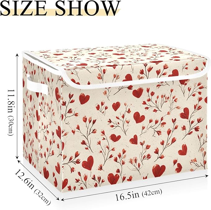 Valentine Hearts Flowers Beige Storage Box with Lid 1 PC Foldable Storage Bin with Lids Stackable Storage Bins Cube Closet Organizer Basket with Flip-Top Lid &amp Handles for Shoes Books Towels