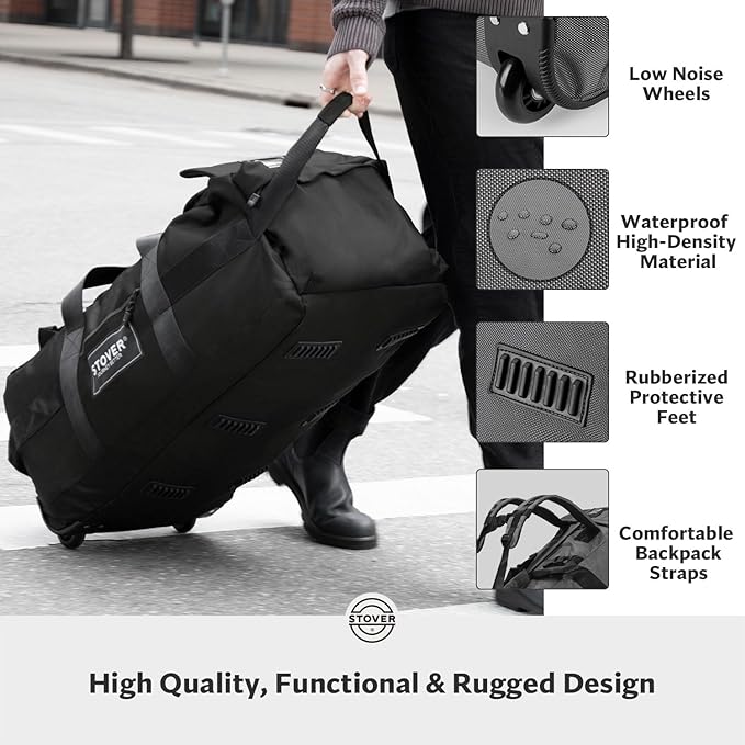 STOVER 45/80/100L Rolling Duffel Bag with Wheels X-Large Durable Travel Duffle + Toiletry Bag Heavy Duty Packable with Shoulder Straps- Use as Luggage or Backpack Men/Women (Black)