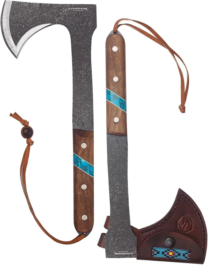 Condor Tool &amp Knife Blue River Tomahawk - Premium Tactical Tomahawk with 1095 High-Carbon Steel Blade - Ergonomic Walnut Handle with Turquoise Stone Inlay - Ideal for Bushcraft Camping &amp Surv