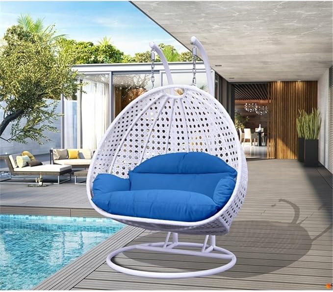 LeisureMod 2 Person Hanging Egg Chair Indoor Outdoor Patio Lounge Swing with White Stand &amp UV-Resistant Cushions Hammock Chair for Bedroom &amp Garden Blue