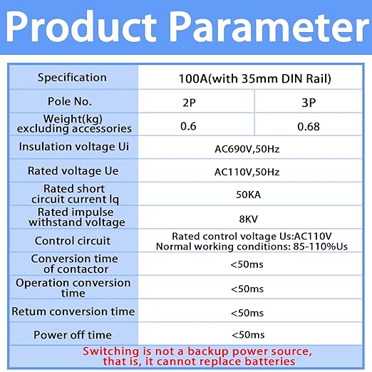 Mini ATS Automatic Transfer Switch Dual Power Changeover Switch 100A 110V Generator Electrical Selector Switches DIN Rail Mount 2P/3P
