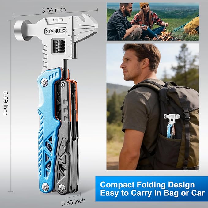 18-in-1 Multitool with Hammer &amp Adjustable Wrench Heavy-Duty Stainless Steel Folding Multi Tool Pliers for Camping Survival &amp Emergency Practical Gifts for Men &amp Dad (Blue)