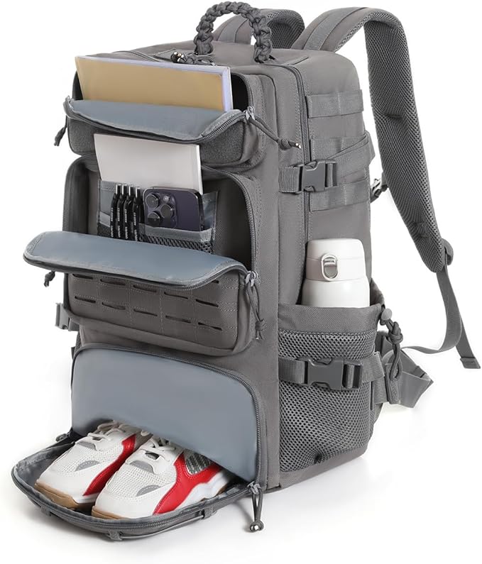 Tactical Military Backpack Large Capacity Molle System Multi-Compartment Design with Shoe Storage Black (grey)