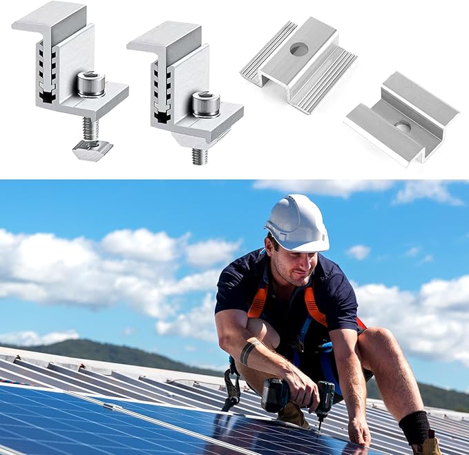 LANIAKEA 28PCS Solar Panel End Clamps 35-50 mm Adjustable End Panel Clamps Aluminum Solar Mid Clam for Metal Roof Tin Roof Flat Roof Solar Panel PV Mounting System
