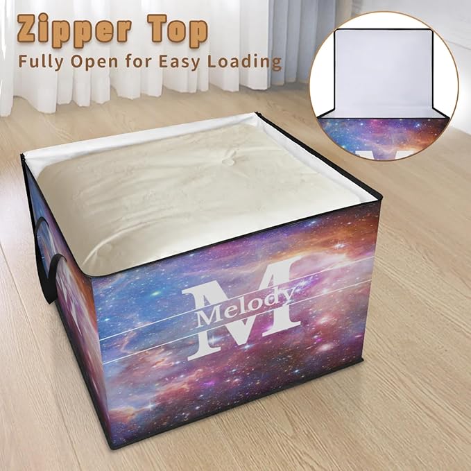 Custom Name Large Clothes Storage Organization with Lids Kids Toys Bin Shelf Basket Bedding Clothes Storage Bin for Nursery Gift Basket Space Universe Galaxy Background with Initial Letter