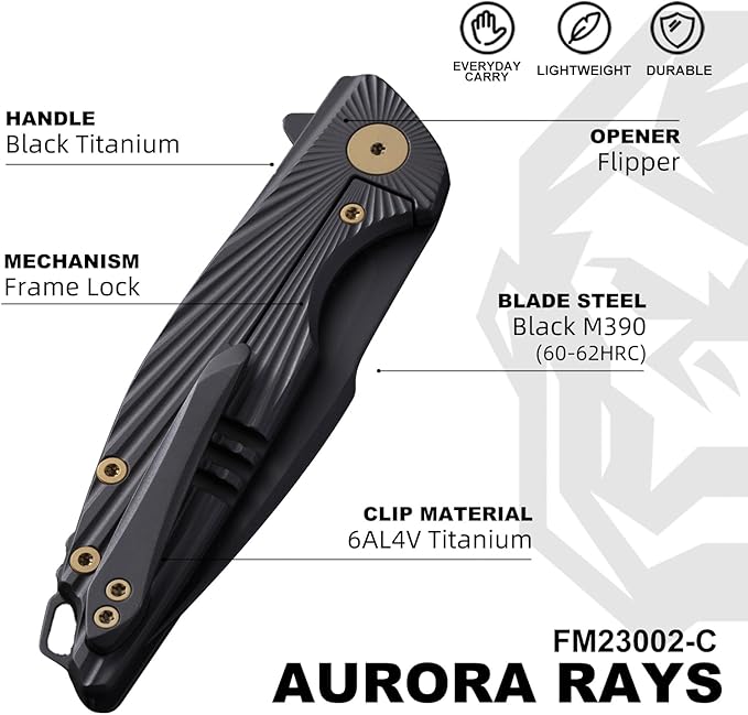Folding Knife Pocket Knife EDC Knife with Clip Survival Knife Hunting Knife - M390 Steel Titanium Handle - Outdoor Hunting Survival Camping Knife with Sheath (Black)