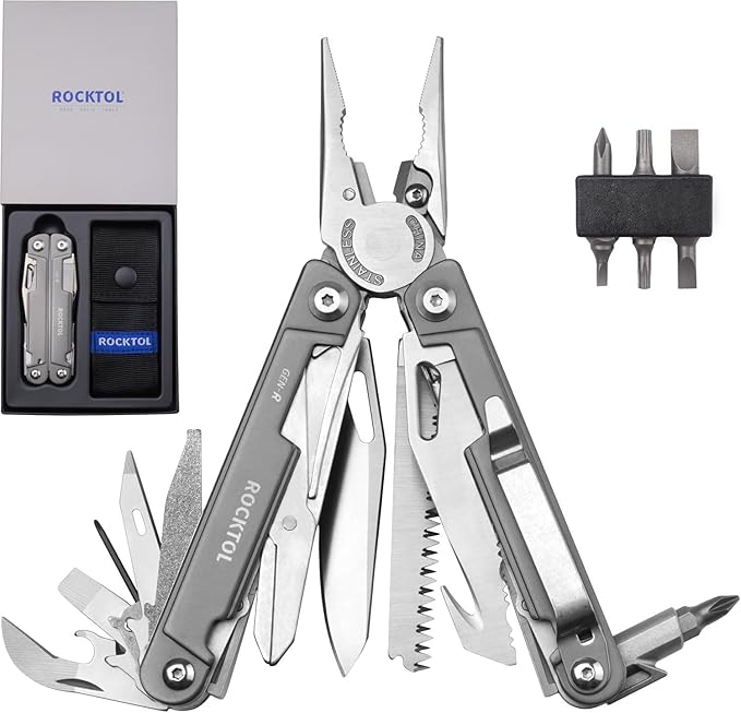 ROCKTOL Multitool Pliers EDC Multitool Pocket Knife VG10 Blade 27-in-1 Multi-tool with Titanium-plated Handle Precision Screwdriver Gut Hook for Hunting Backpacking Hiking Camping (Gen-R)