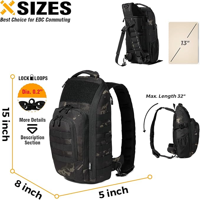 DBTAC Tactical Large Shoulder Chest Pack with Sling + Tactical Lunch Backpack (Charcoal Camo)