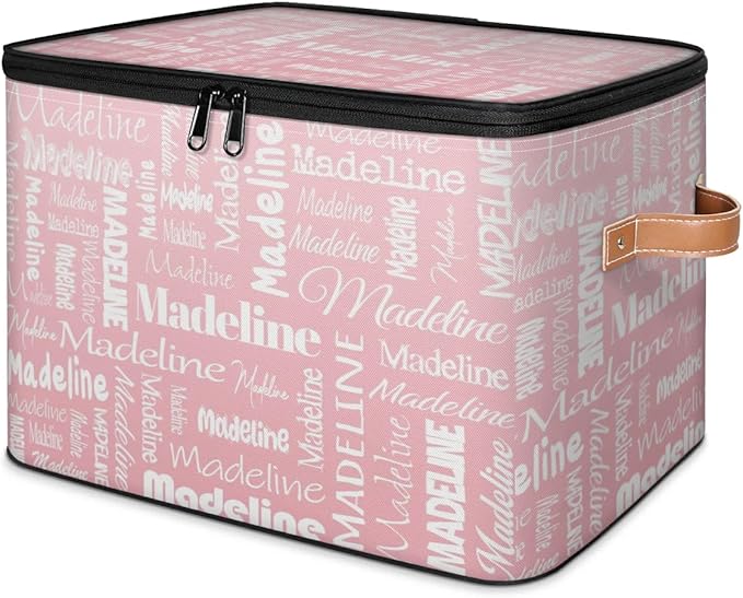 Custom Storage Basket with Name Personalized Keepsake Box with Zipper Lid Foldable Fabric Memory Bin Large capacity with Handle Pink