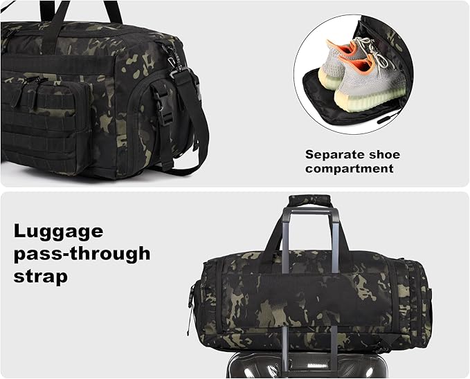 LHI 50L Tactical Duffle Bag for Men 3-in-1 Gym Duffle and Backpack Shoe Compartment Laptop Sleeve and MOLLE Carry-On Travel Weekender and Overnight Bag – Black CP Camo